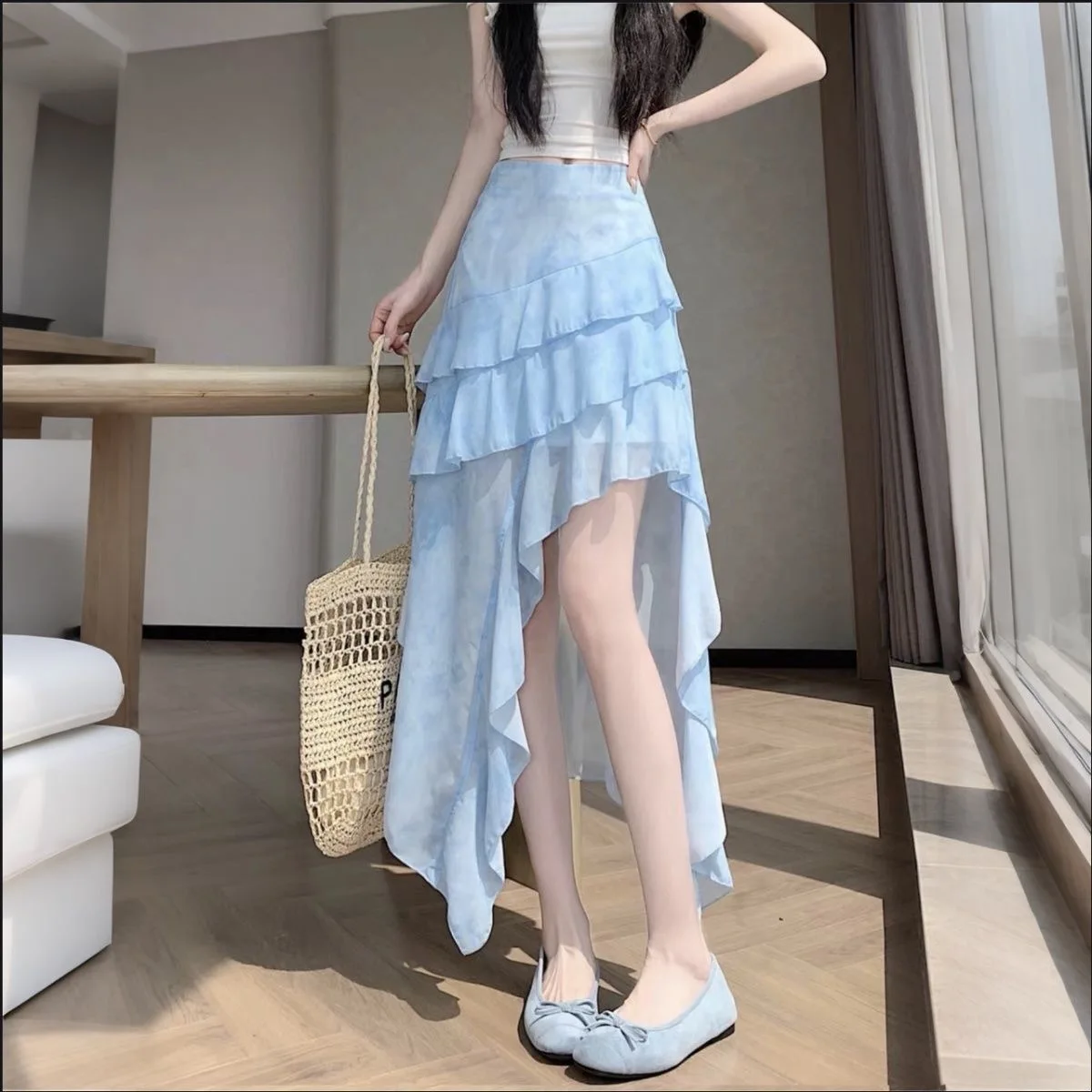 

Summer 2026 New Style Women's High Waist Cake Skirt Asymmetrical Dyed Mesh Gored A-Line Skirts Fashionable Breathable