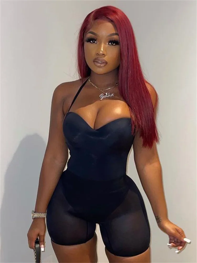 Black Playsuit Bodycon Rompers Womens Jumpsuit Tank Top Mesh See Through Bottom Bodysuit Combinaison Femme Sexy Ropa De Mujer