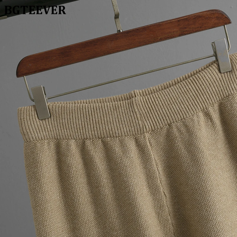 BGTEEVER Winter Warm Patchwork Knitted Pant Suits Women Half Collar Pullovers & Wide Leg Trousers Female Sweater Set