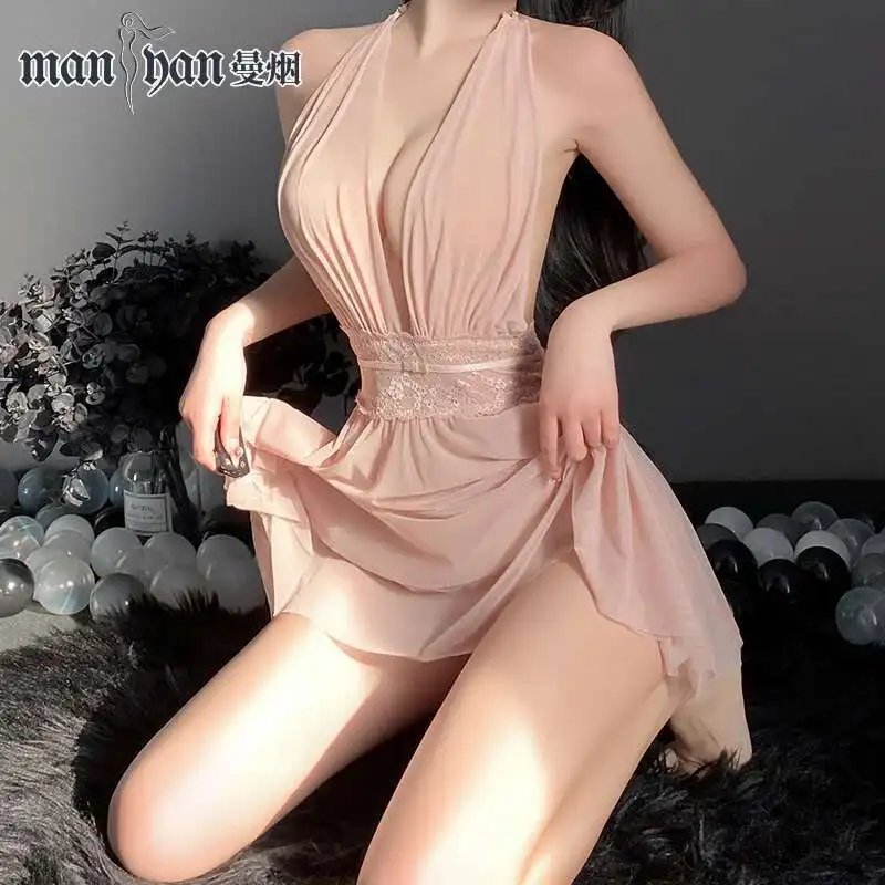 Mini vestido feminino sexy pendurado no pescoço, decote em v profundo, costas abertas, perspectiva de cintura com renda, camada dupla, fio macio, verão, 9864