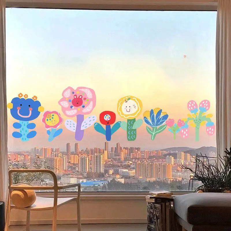 Japanese Style Shop Glass Stickers Flower Display Windows Door Electrostatic Adsorption Film Cartoon Decorations Bathroom Door