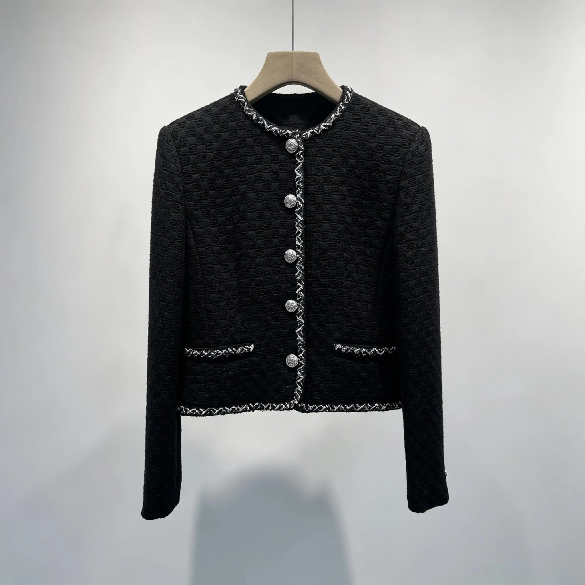 Women Black Tweed Short Jacket With Decorative Edge