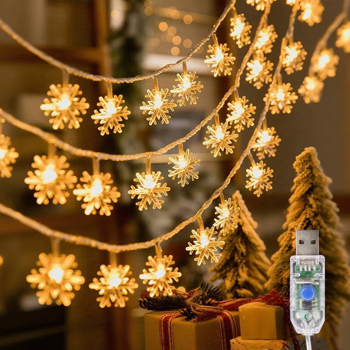 1pc Christmas Snowflake String Lights 80 LED Snowflakes Light With 8 Modes USB Fairy Lamps For Home Indoor Holiday Xmas Decor