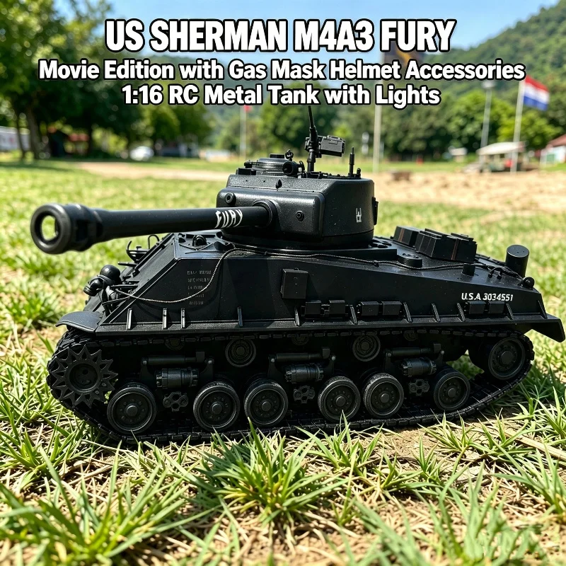 New Coolbank 1:16 US SHERMAN M4A3 FURY Movie Version Remote Control Metal Heavy RC Tank Model With Gas Mask Helmet And Lights