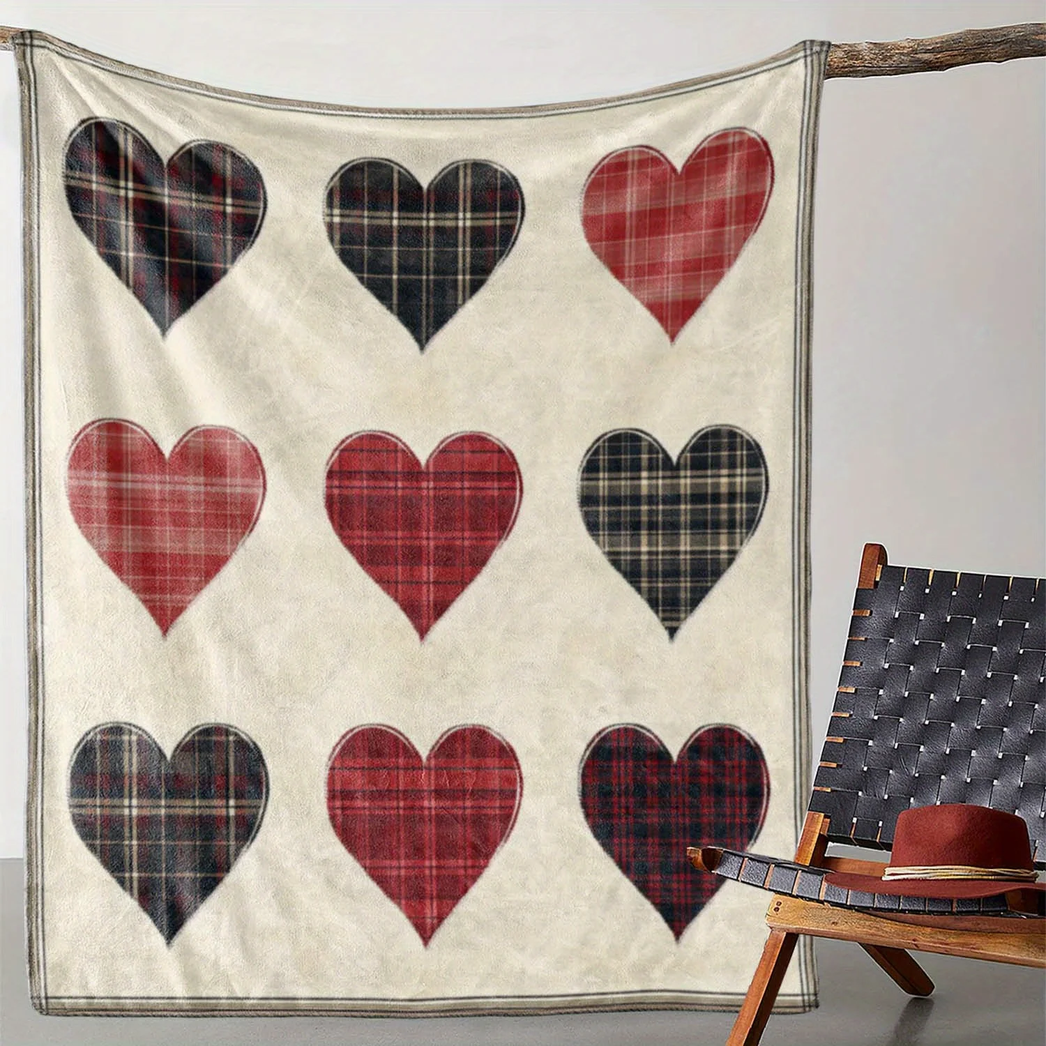 

Valentine's Day Plaid Heart Flannel Blanket - Cozy, Soft, and Warm Throw with Red and Black Heart Design for Sofa, Bed, Car