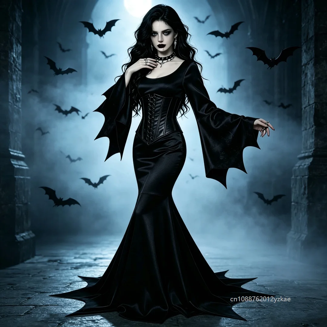 Erwachsenen-Halloween-Kostüm Damen Fledermausärmel Bodenlanges Kleid Schwarz Gotisch Bösewicht Terror Maxi Herrin Morticia Addam Familien-Outfit