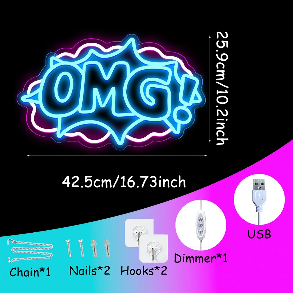OMG! LED Neon - Transparent Acrylic Design, USB Powered Dimmable LED Neon, Suitable for Parties, Game Room, Men's Cave Wall Art