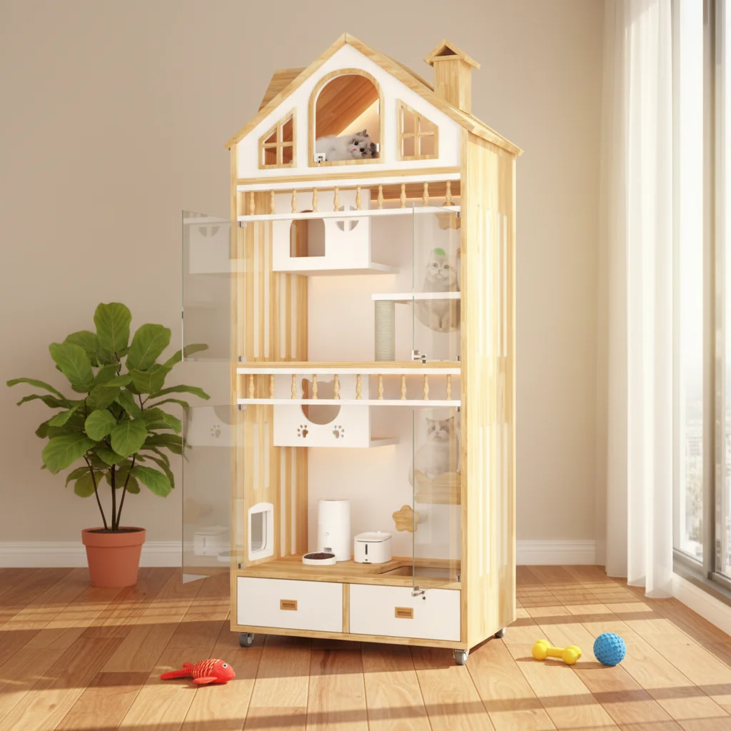 Modern Sustainable Eco-Friendly Outdoor Cat Villa Cage Solid Wood High Transparency Glass Folding Breathable Customizable