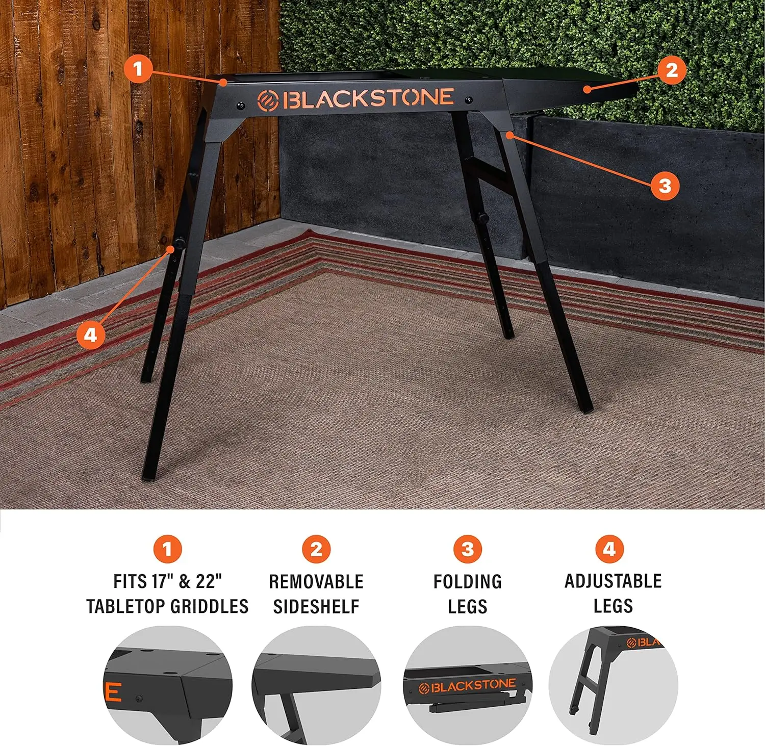 Blackstone 5013 Collapsible 17”and 22”Tabletop Griddle Stand with Adjustable Legs and a Removable Side Shelf,Powder Coated Steel