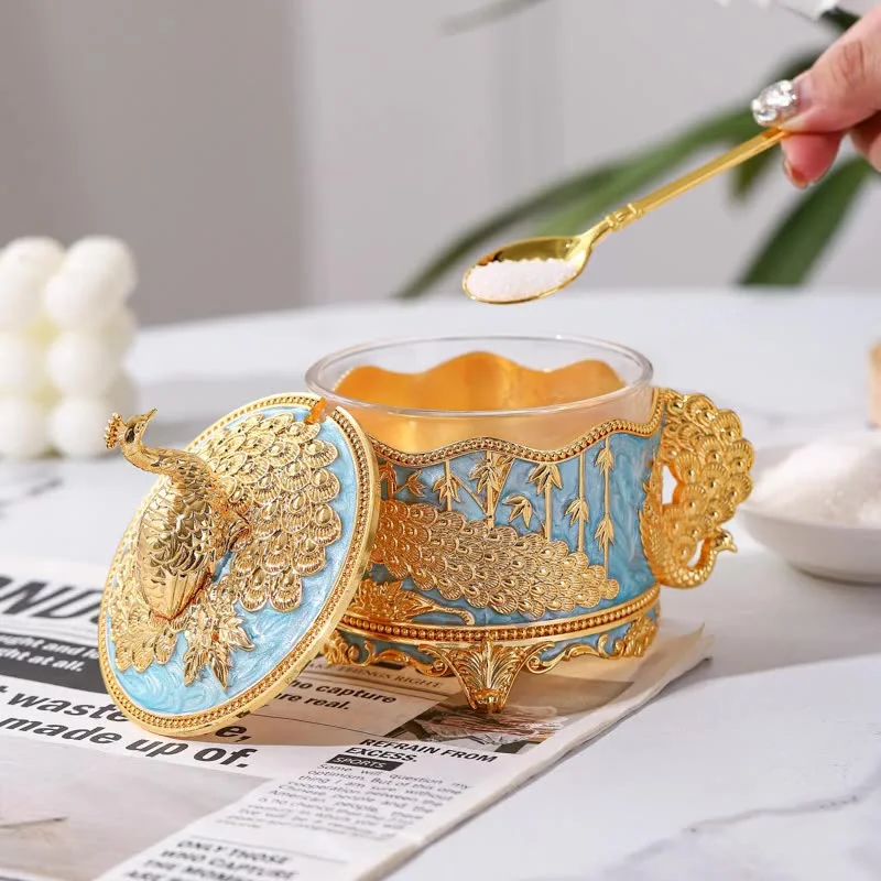 

Европейский роскошный стиль, железная сахарница, изысканные кухонные аксессуары, принесите ложку, креативный домашний настольный орнамент, коробка для специй