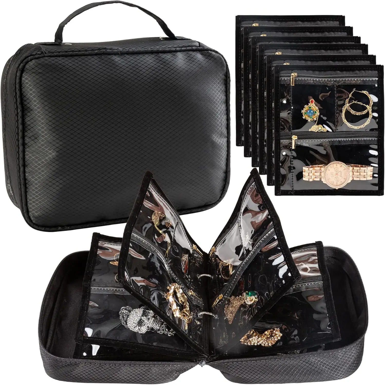 Transparent PVC Zipper Jewelry Storage Binder with 6 Removable Inner Pages Multi Grid Organizer Pouch for Earrings Necklace