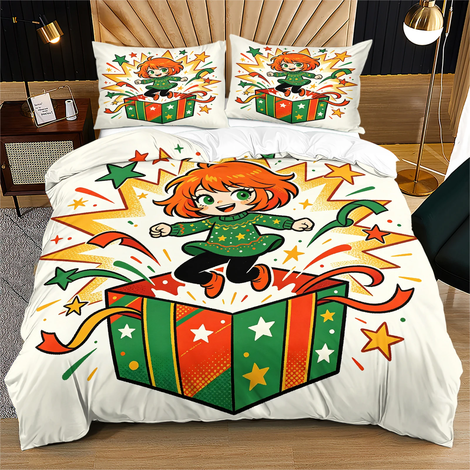Excited Cartoon Girl Jump Out Christmas Gift Box Duvet Cover Set Festive Star Confetti Ribbon Vibrant Xmas Themed Bedding Set