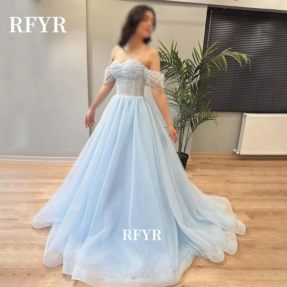 

RFYR A Line Prom Dress Beaded Evening Party Dress Off Shoulder Princess Gown for Arabic Women فساتين مناسبة رسمية Customized