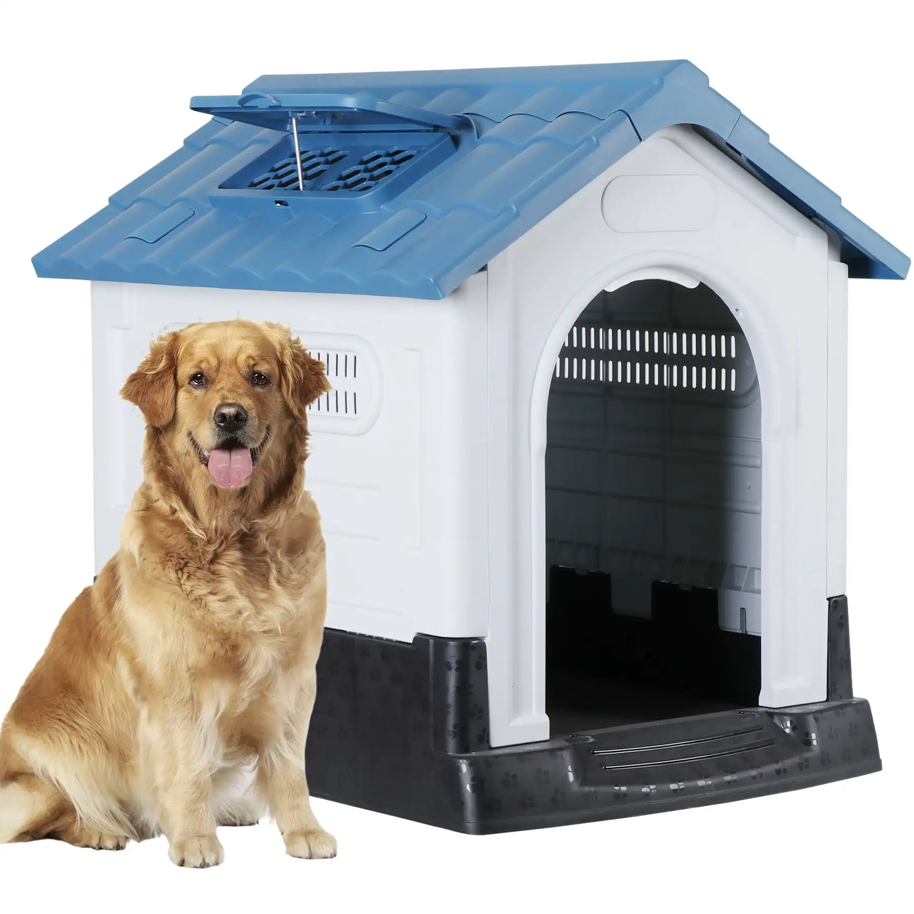 

26" Plastic Dog House Indoor Outdoor Puppy Shelter Kennel with Adjustable Skylight Blue