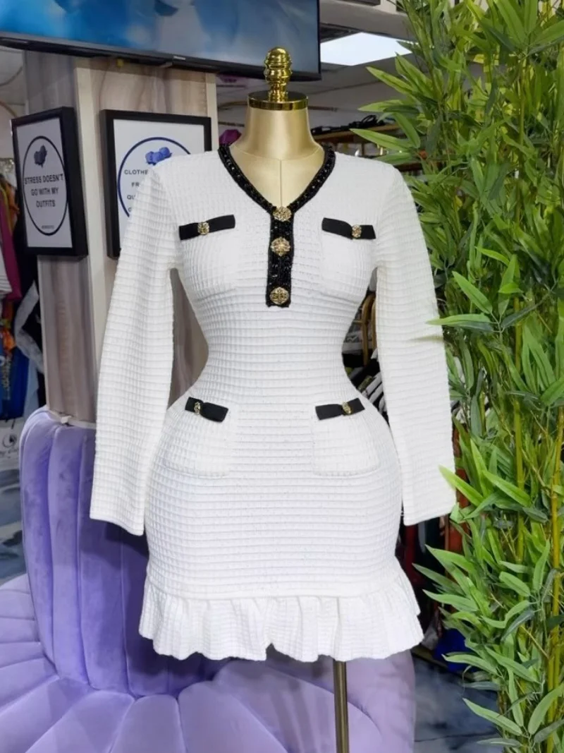 Elegante vestido de malha fino ajuste roupas de outono feminino manga longa vneck bodycon plissado hem mini vestidos ol estilo malha waffle vestido