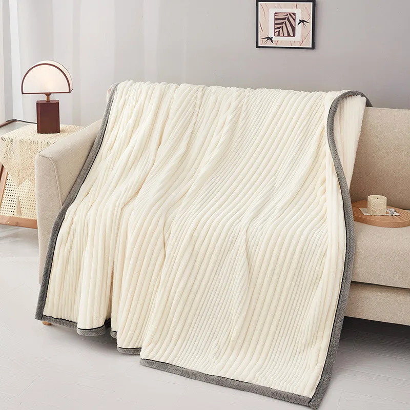 A-Class Solid Stripe Faux Rabbit Blanket Flannel Single Double Bed Sheets for All Seasons Office Nap Air Conditioning Blanket
