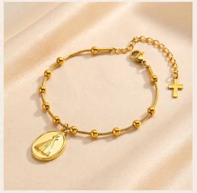 Armband mit Marienmotiv für Damen, 18K vergoldete Edelstahl-Rosenkranz-Kette mit Medaille der Heiligen Jungfrau, katholisches religiöses Geschenk – Detail 5