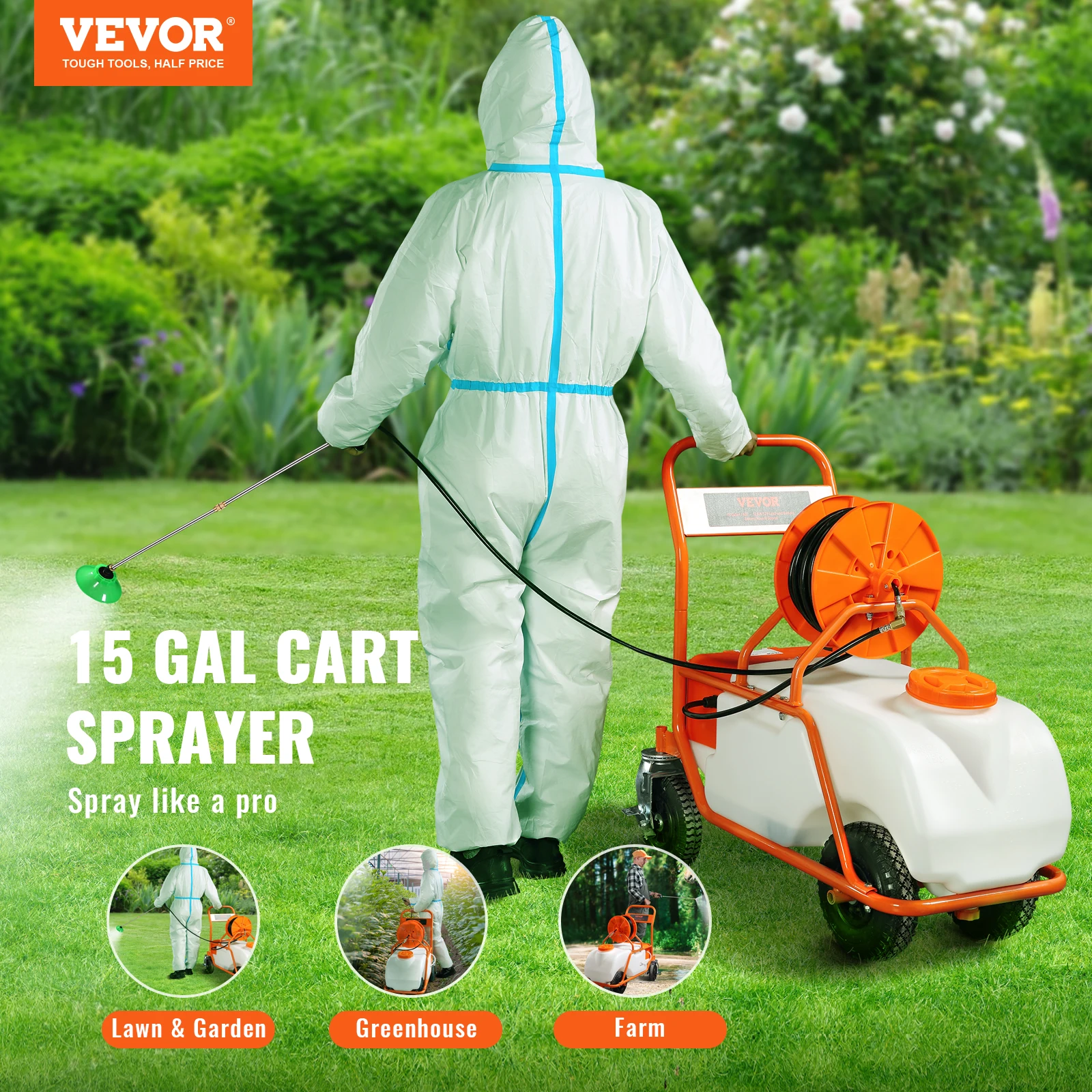 VEVOR Battery Powered 15 Gallon Garden Weed Sprayer with Wheeled Cart 126FT Hose with Reel 8 Nozzles 2 Wands with Lock for Crop