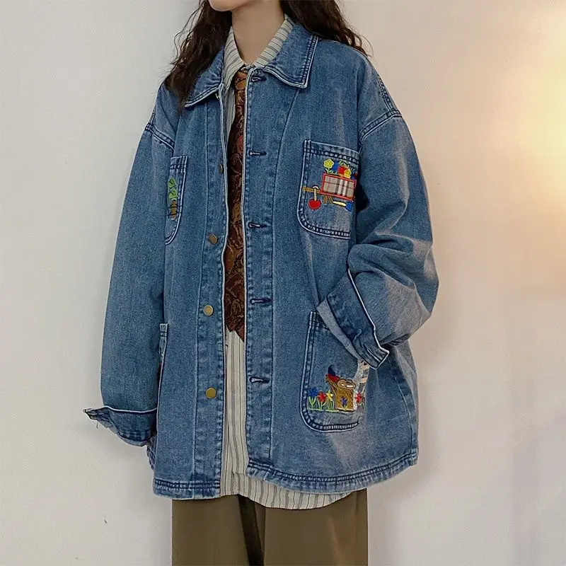 American Vintage High Street Flower Embroidery Denim Jacket Women Loose Harajuku Style Couple Trendy Blue Jeans Jackets Outwear