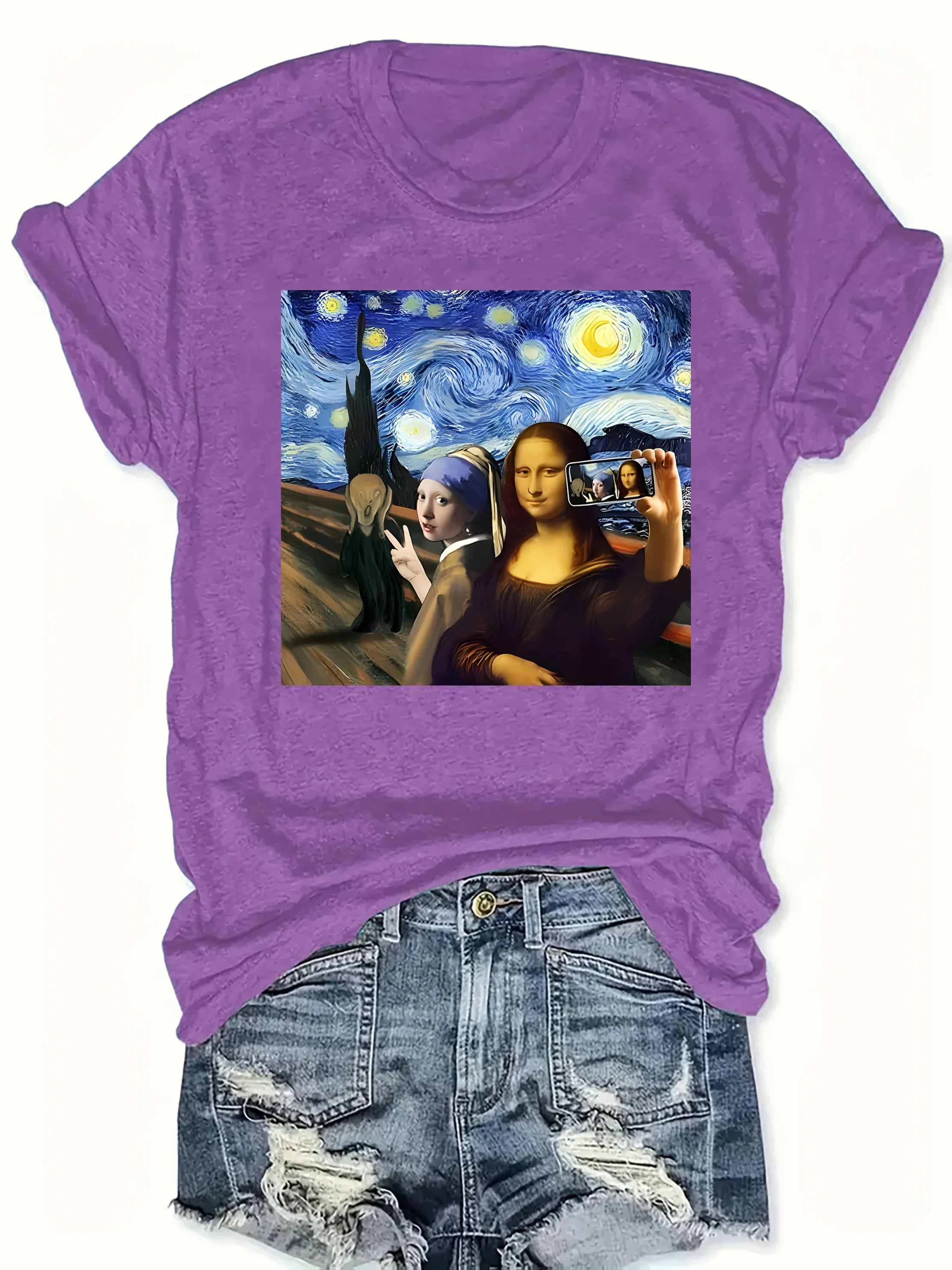 Women's Vintage Van Gogh Starry Night & Mona Lisa Selfie Graphic T-Shirt - Purple Crew Neck Casual Tee vintage clothes