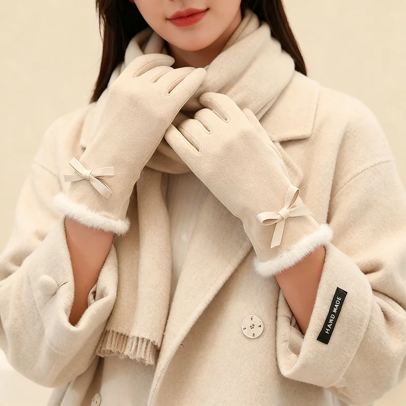 Korean Winter Warm Velvet Gloves Women's Versatile Velvet Inner Lining Windproof Elegant Gloves for Outdoor Travel Skiing Gloves