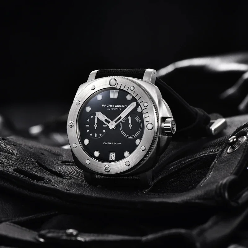 PAGANI DESIGN Men Automatic Diver Watch Green Dial Canvas Leather Strap 200M Waterproof Multifunction Mechanical Wristwatch