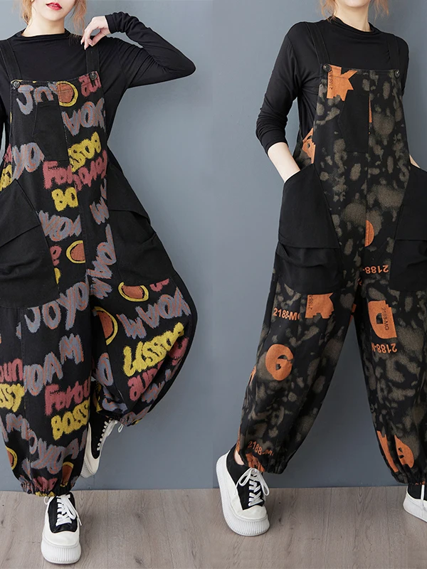 Retro Print Large Pocket Color Block Denim Overalls Women's Casual High Waist Cotton Wide Leg Pants Autumn Winter New Arrival