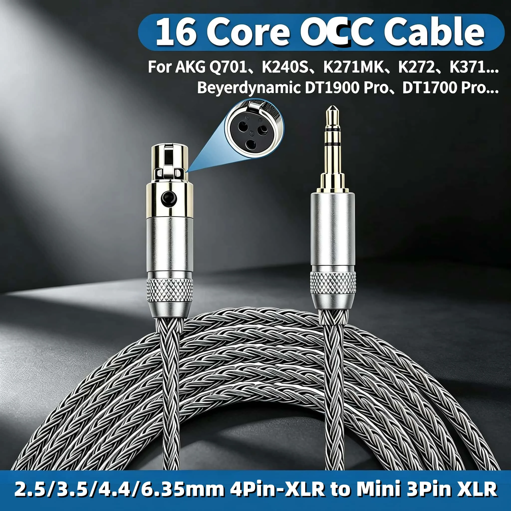 16 Core Mini XLR 3Pin Headphone Upgrade Cable 4.4mm Balanced for AKG Q701 K702 K240 K272 K371 Beyerdynamic DT1900 DT1700 XLR 3.5