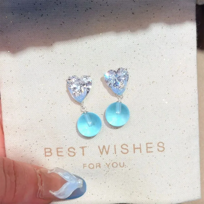 Fresh heart-shaped fish tail round beads earrings for women elegant gentle transparent blue crystal earring wedding jewelry