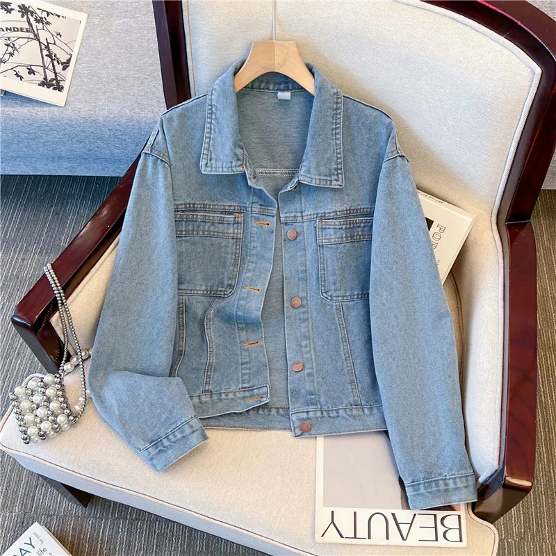 

Корейская винтажная джинсовая куртка светло-голубого цвета с эффектом потертости, весна-осень, с отложным воротником, длинными рукавами, женская укороченная джинсовая куртка Jaqueta Jeans Feminina