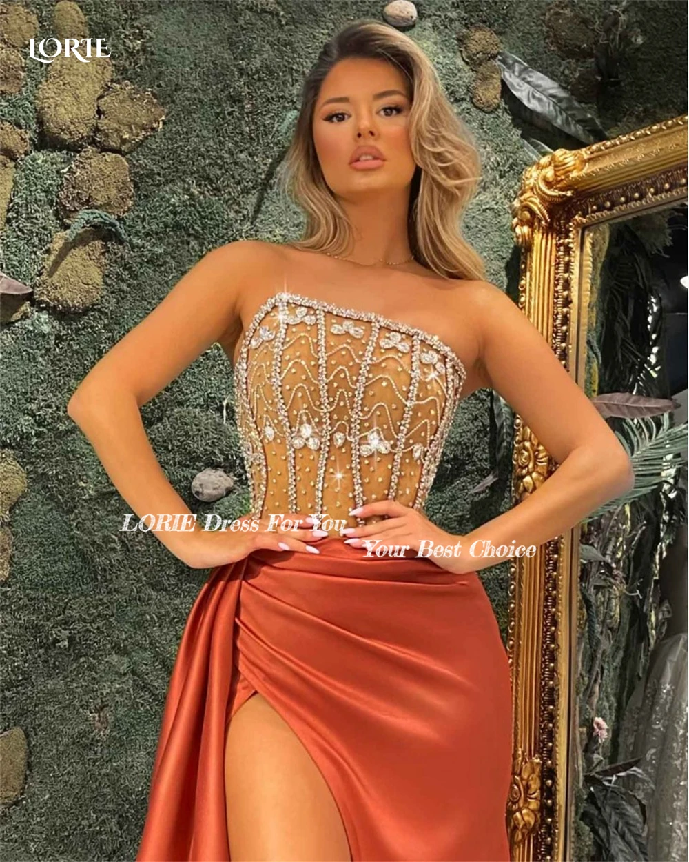 LORIE Luxury Crystals Evening Dresses Side Slit Mermaid Beadings Shiny Satin Formal Prom Dress Arabia 2022 Celebrity Party Gowns