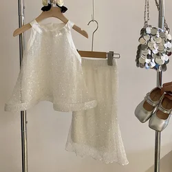 Childrens Sets New Girl French Fashion Tops Sequin Two Piece Tide 2024 Simple Childrens Clothing Solid Sweet Simple