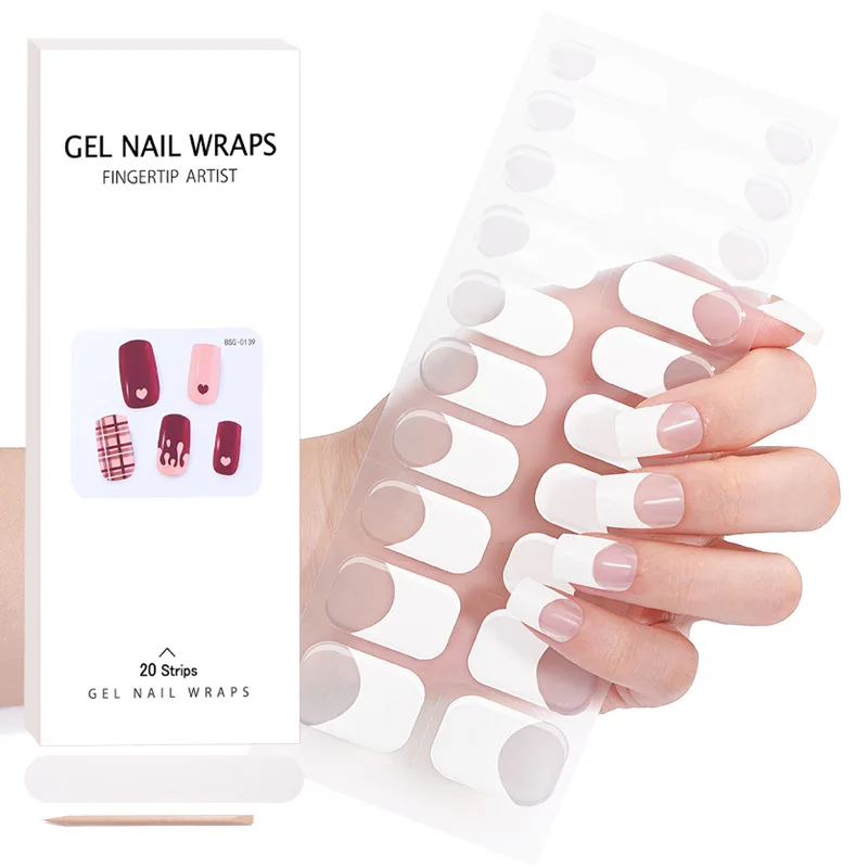 

2023French Manicure Semi Cured Gel Nail Polish Strips Full Fingertip Artist Adhesive Girl Beauty Nails Sticker Harden in UV Lamp