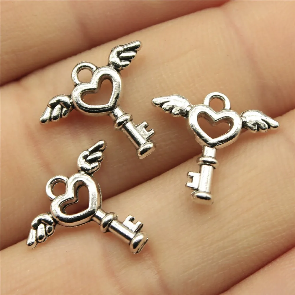 30pcs/Lot  Charms Fly Key 14x14mm Antique Bronze Silver Color Pendants Making DIY Handmade Jewelry Factory Wholesale