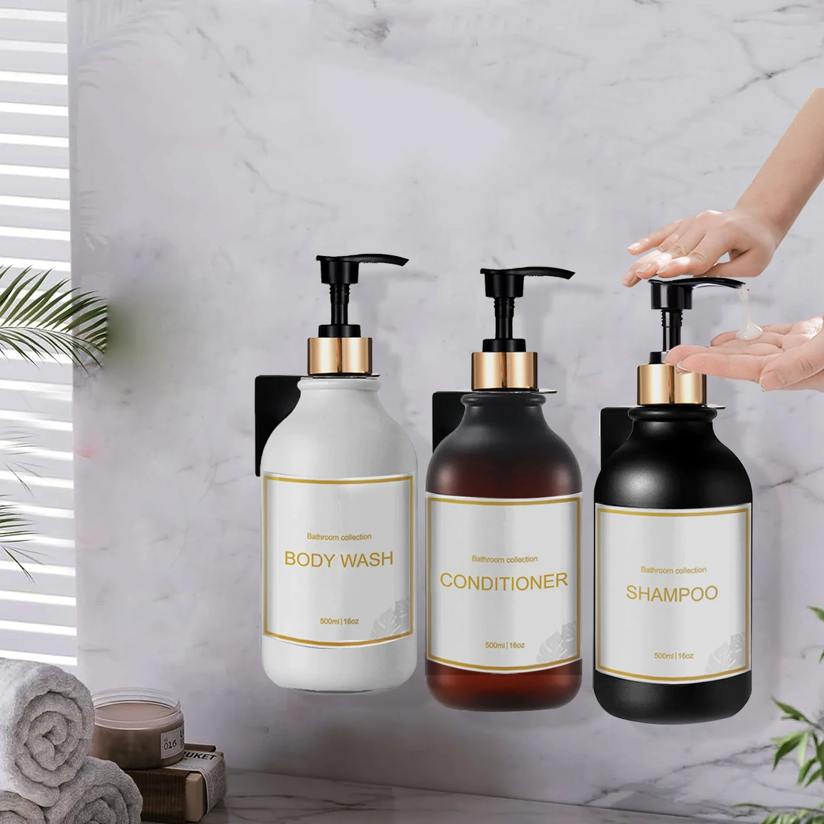 Shower Soap Dispenser Wall Mounted Drill Free Shampoo Conditioner Bodywash Dispenser Refillable Pump Bottle with Labels