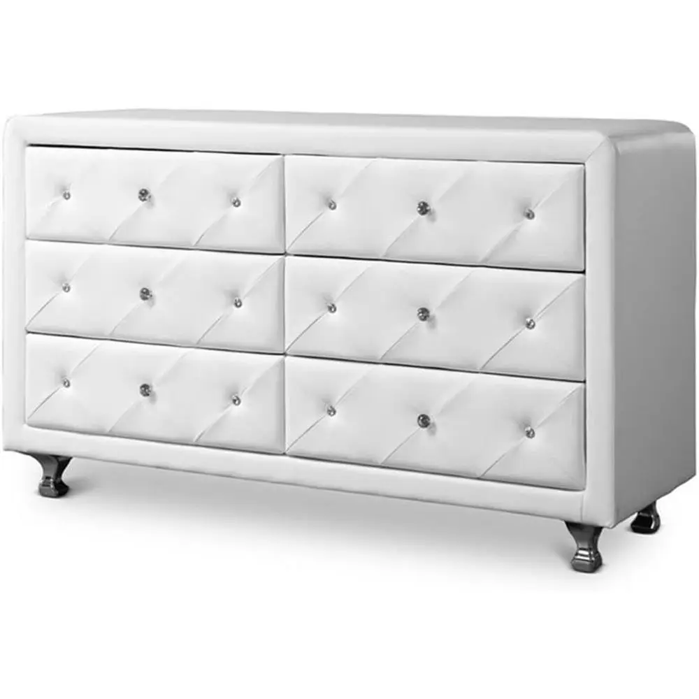 

-Century 6-Der aux Leather Double Drer, White Upholstered Wood e, aux Crystal Buttons, Chrome Steel Legs, Horizontal Contemporar
