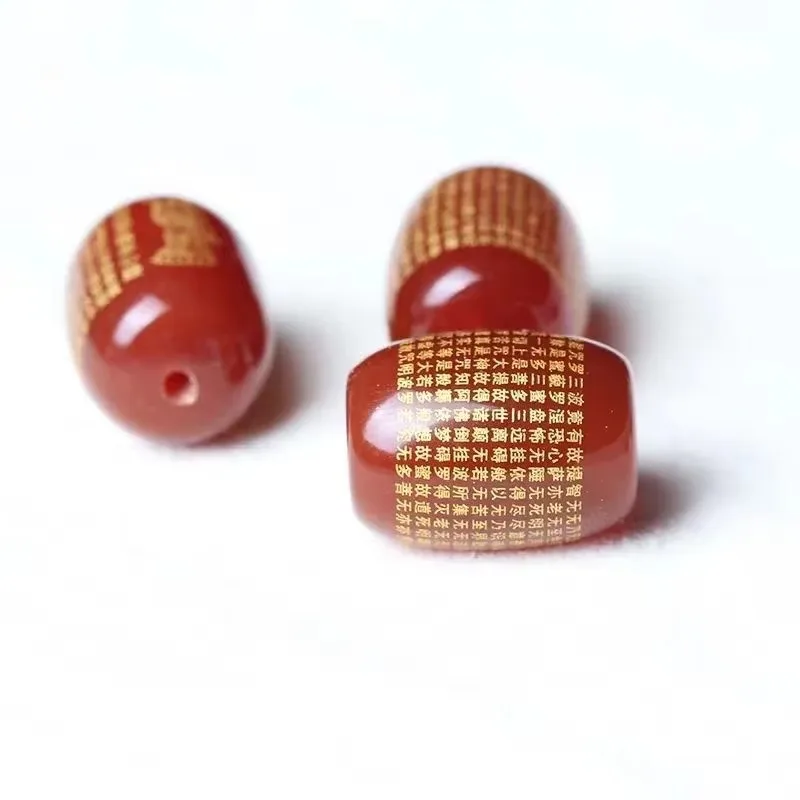 Natural Red Black Yellow Agate Lettering Gilding Guanyin Heart Sutra Spacer Beads Barrel Loose Buddhist