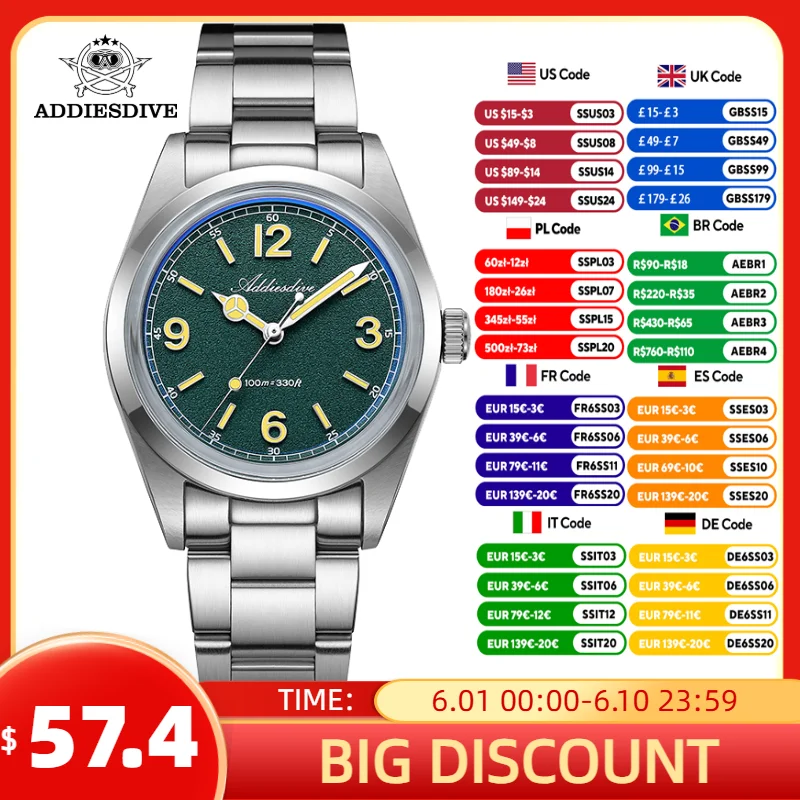 

ADDIESDIVE 2025 New Watches For Men 36mm Quartz Super Luminous 100m Waterproof Stainless Steel VH31 Wristwatch AD2518