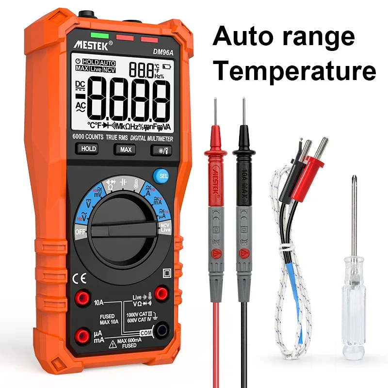 

DM96A Digital Multimeter True RMS 6000 counts Voltage Meter Ohm Hz NCV Live Multimetro 1000V 10A Capacitance Multimeter Tester