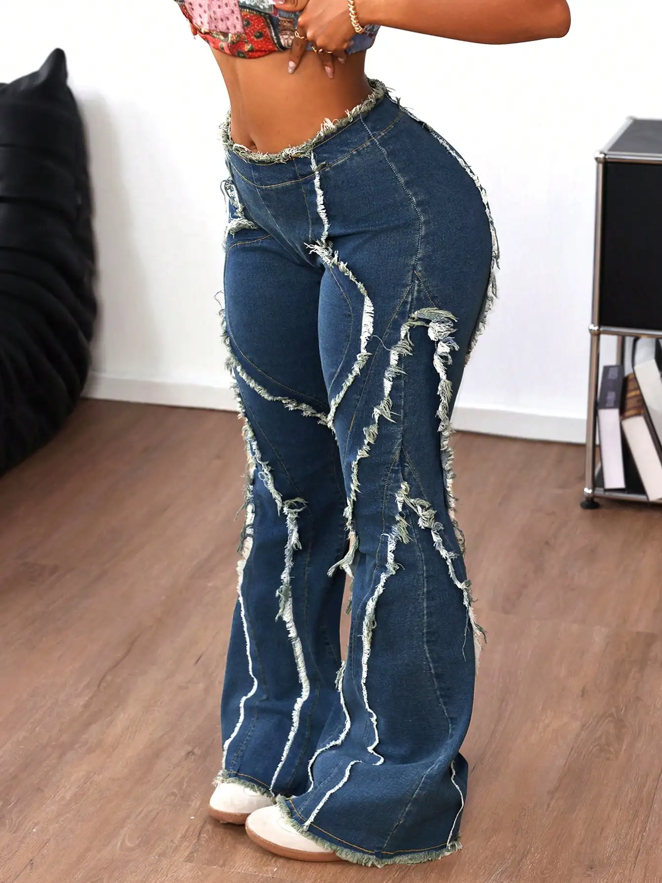 여성용 하이웨이스트 플레어 데님 진, 디스트레스드 프레이드 디테일, 캐주얼 스트리트웨어 스타일