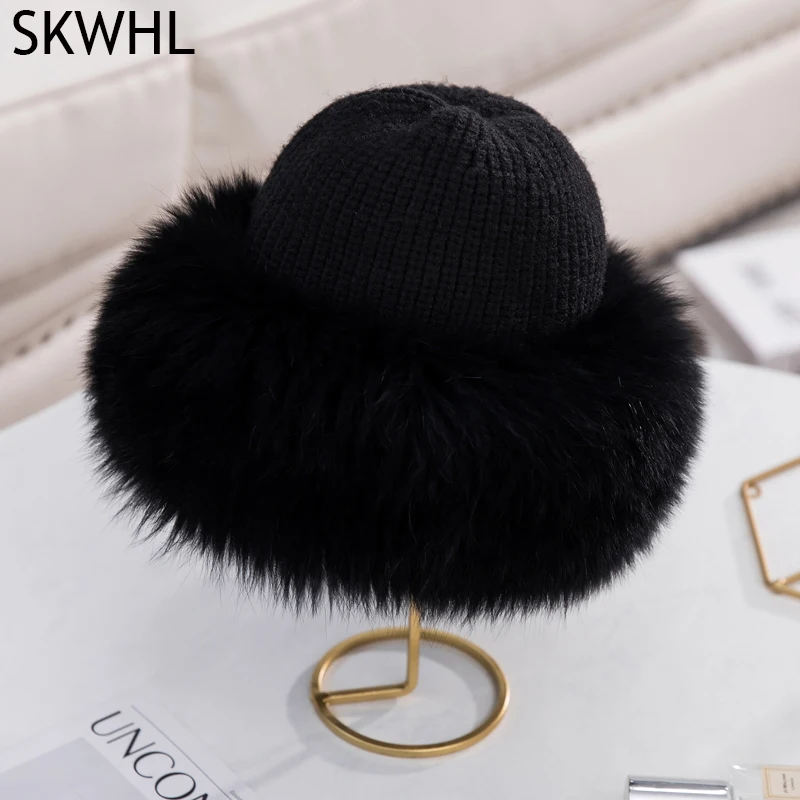 

Women's Winter Real Fox Fur Wool Knit Hat Lady Cap Beanie Winter Hats Women Natural Fox Fur Fluffy Warm Fedoras Knitted Fur Hat