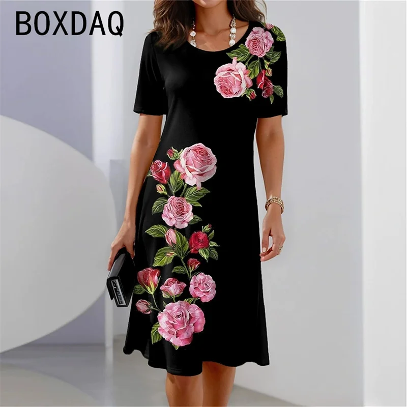 Bohemian Style Short Sleeve Round Neck Floral A-Line Dress Women's Casual Midi Dress Spring Summer Fashion Sundress Vestidos