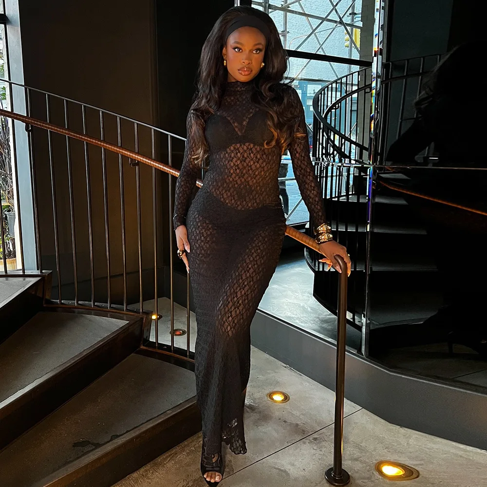 DSMTRC See Through Lace Hollow Maxi Black Dress 2025 Evening Party Clubwear Women Hipster Sexy Full Sleeve O-Neck Skinny Vestido