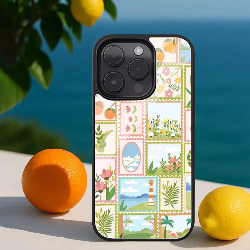 

Boho Botanical Stamps Phone Case For Iphone Black Hard Plastic 16 15 14 13 12 11Pro Max PC TPU Cover