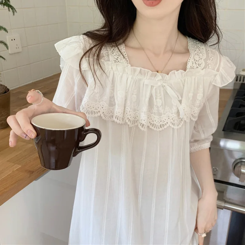 

Summer Nightgown Women Chiffon Short Sleeve Lace Mesh Nightdress Palace Princess Sweet Sleepdress Cute Spring Homewear Nightwear