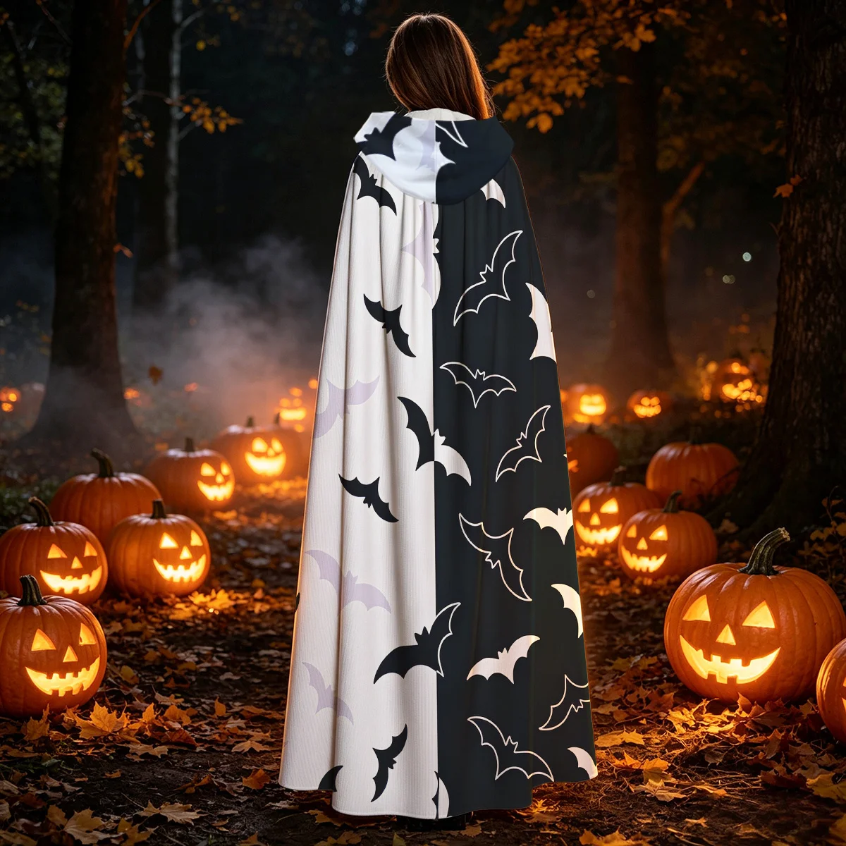 1pc Adult Hooded Cloak Cape with Bat Silhouette & Split Color (Black/White/Purple) - Seamless Bat Wing Costume Robe