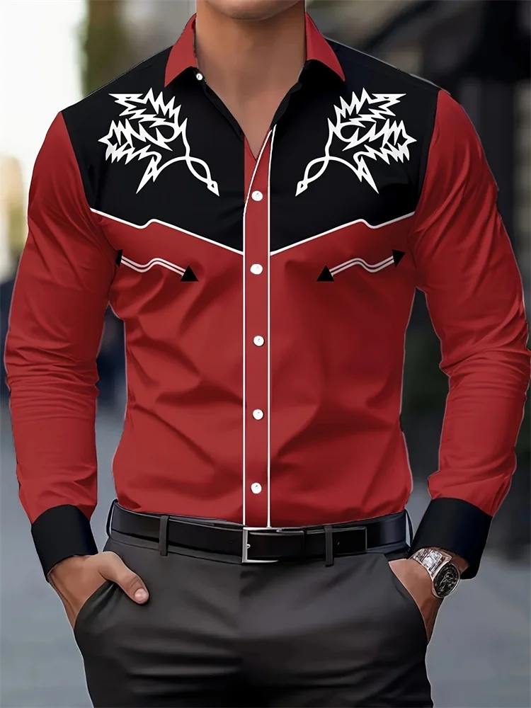 3D Vintage Print Men's Casual Fashion Long Sleeve Shirt Western Cowboy Style Men's Shirt Outdoor Street Men's Lapel Shirt tops