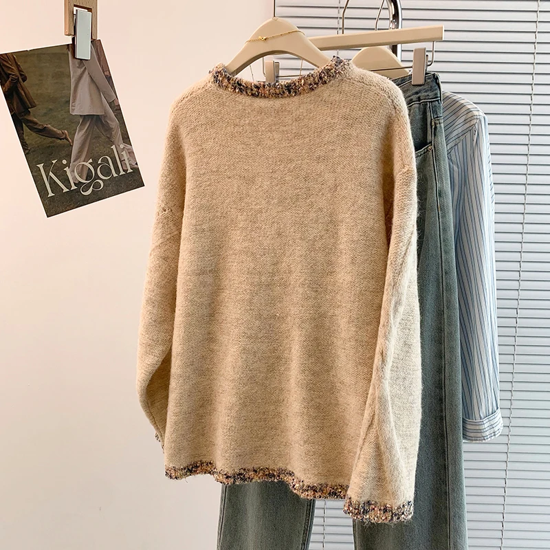 سترة غير رسمية للنساء 2025 جديدة بأكمام طويلة ورقبة دائرية بلوفرات متماسكة دافئة لخريف وشتاء ملابس كورية