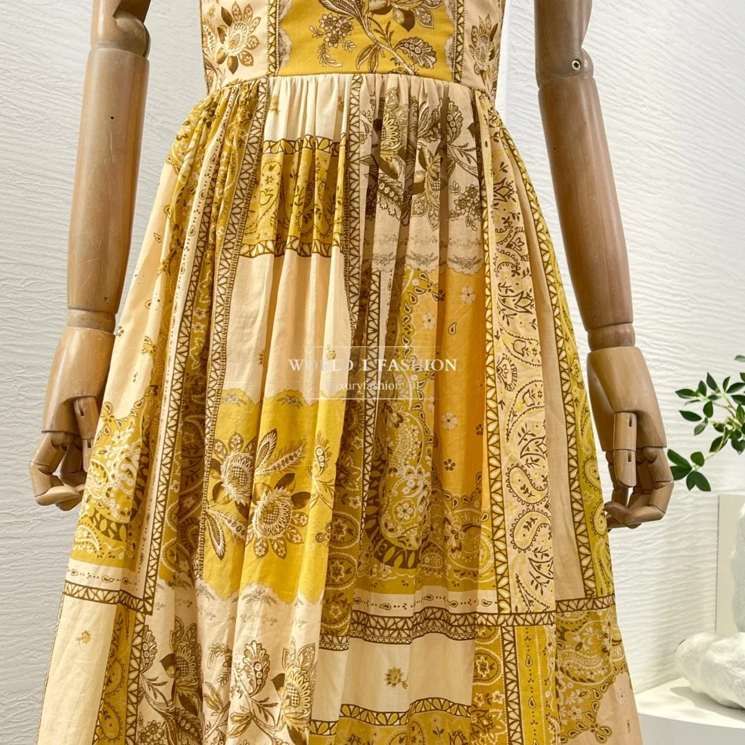 Summer 2025 New Golden Yellow Floral Print Sleeveless Pleat Hem Backless Midi Dress for Holiday