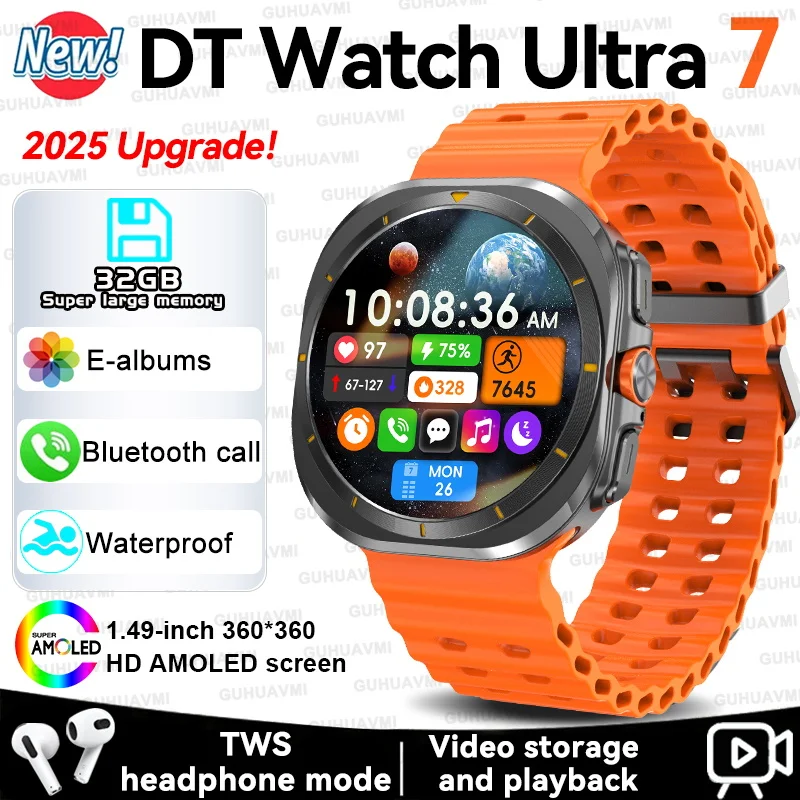 

2025 New DT Watch 7 Ultra 32GB Memory Smart Watch GPS NFC 3D Menu MP3/MP4 Player Local album IP68 Waterproof Sports Smart Watchs